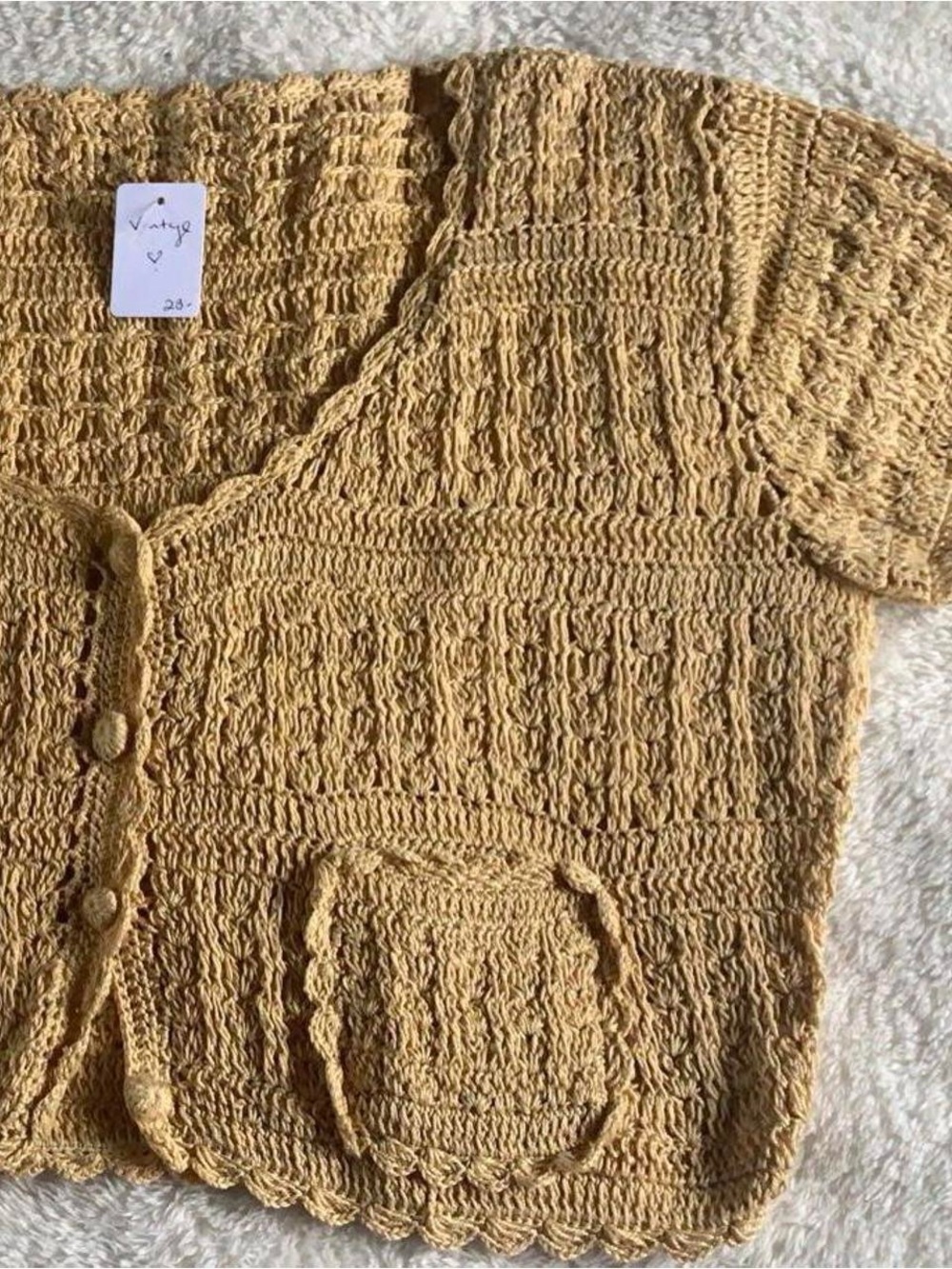 Vintage Golden Tan Short-Sleeve Knit Cardigan Sweater